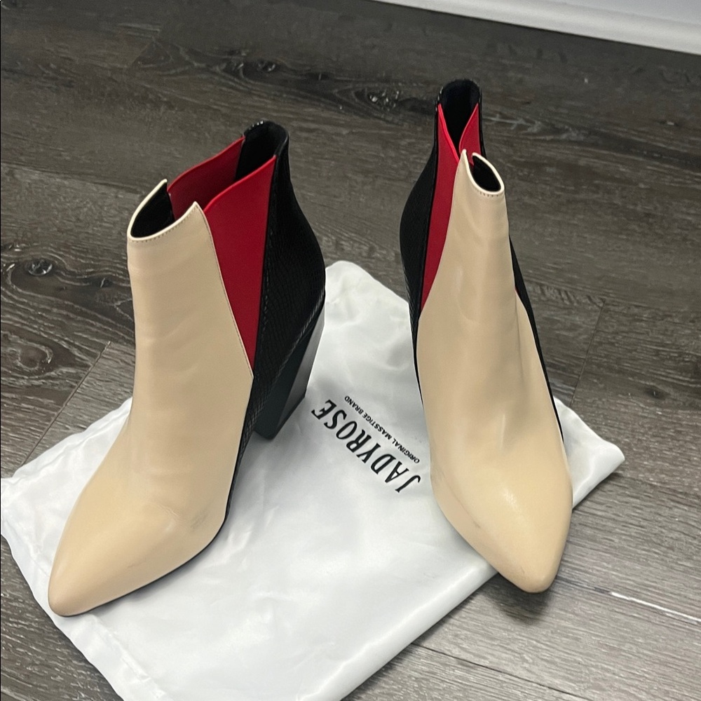 Ankle Booties with Beige, Black & Red Colorblock -